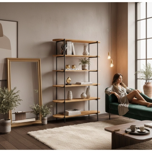 REGAŁ NA KSIĄŻKI 6 POZIOMOWY METALOWY DREWNO LITE DĄB JESION OLCHA  RNK-192